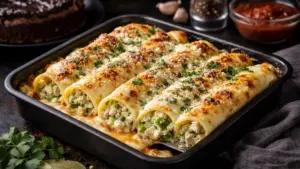 Трубочки с курицей и кабачком под соусом бешамель